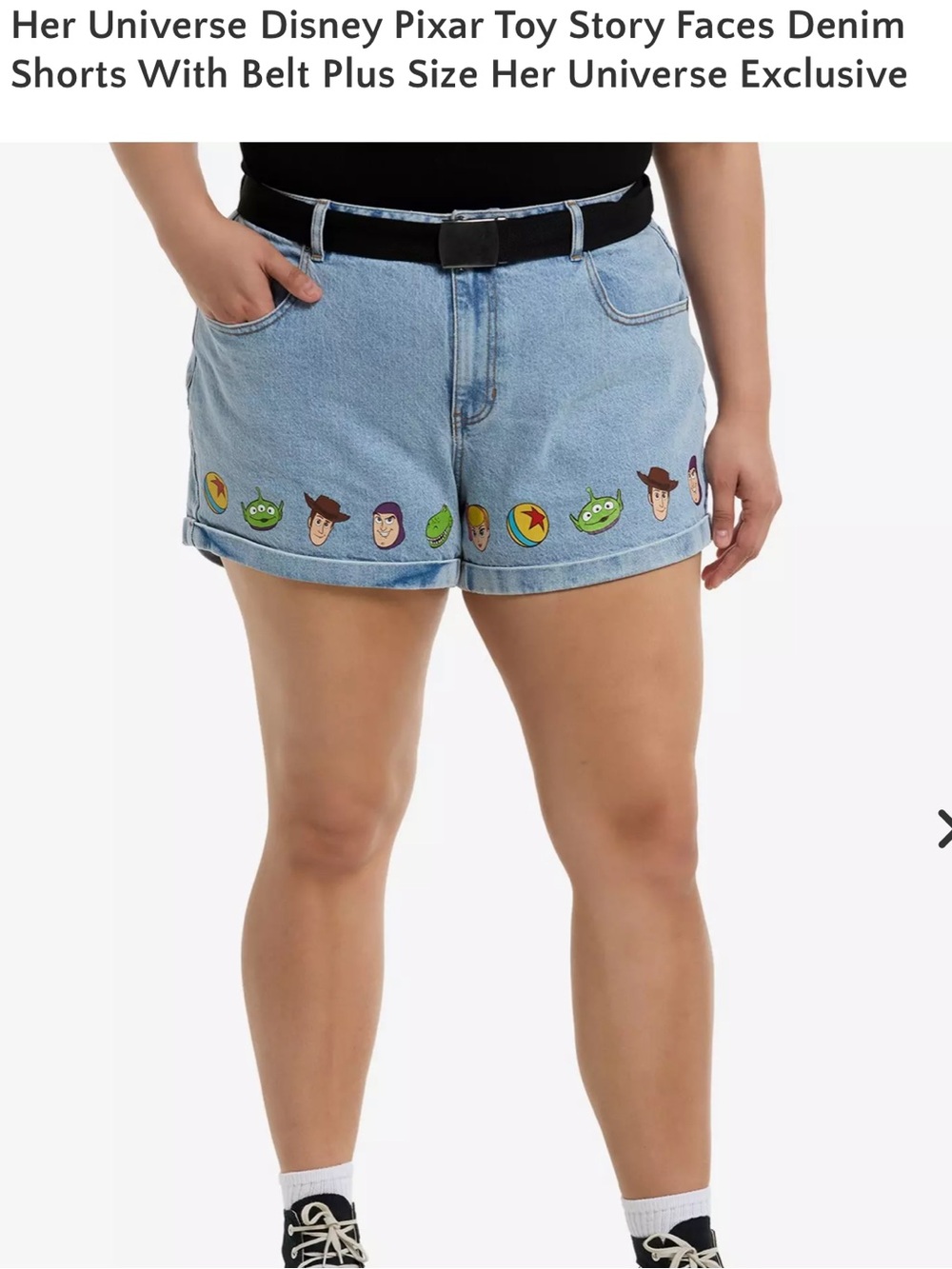 Her Universe Light Blue Denim Toy Story Face Embroidered Shorts with Belt